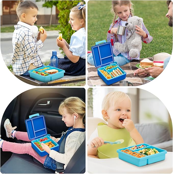 Chill Bento Lunch Box for Kids Adult with Ice Pack,Leak Proof 3 Compartments Lunch Container for Kids,Ice Pack Detachable Bento Box,BPA Free,Dishwasher & Microwave Safe-Blue