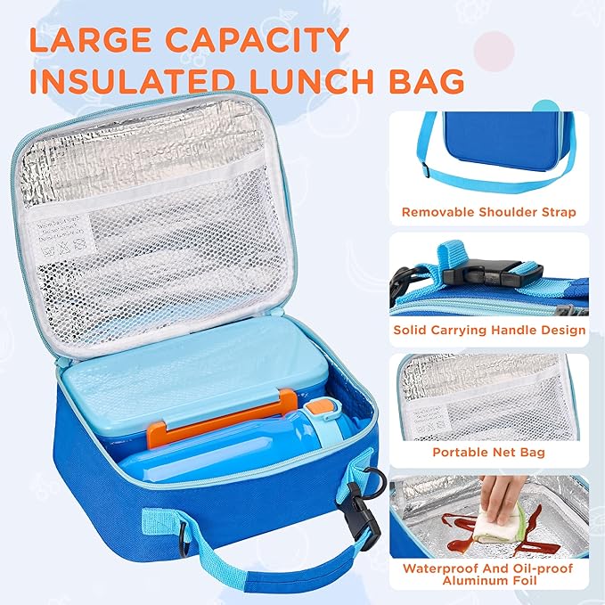 MAISON HUIS Bento Box for Kids with 8oz Soup Thermo, Insulated Lunch Bag & 17oz Water Bottle, 2-Compartment Bento Box with Built-In Ice Pack, Leak-Proof & BPA-Free (Blue)