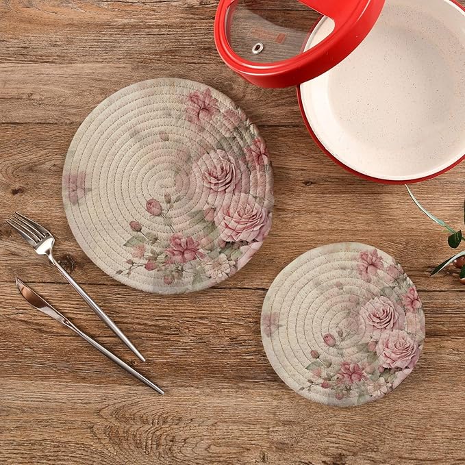 Vintage Pink Roses Kitchen Trivets Pot Holders Set of 2, Trivets for Hot Pots Dishes Woven Trivet Coaster Pad Mat for Counter