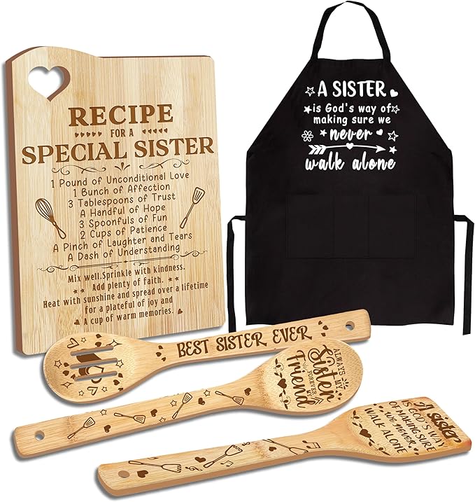 Sister Gifts, Christmas Sisters Gifts from Sister, Sisters Birthday Gift Wooden Cutting Board with Cooking Utensils Set with Apron Set, Great Kitchen Gift for Galentines Day
