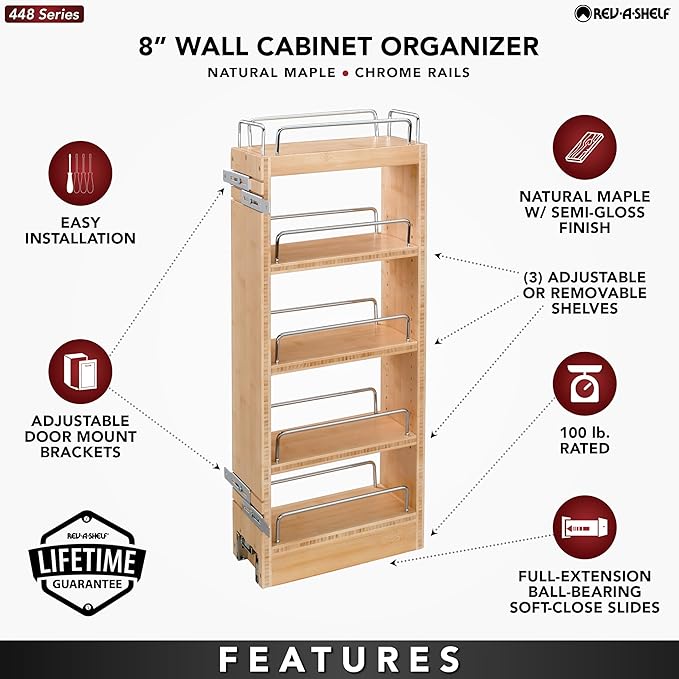 Rev-A-Shelf 8" Pullout Storage Organizer for Wall Kitchen Cabinets, Sliding Adjustable Shelves for Spice Rack or Cans, Wood and Chrome, 448-WC-8C