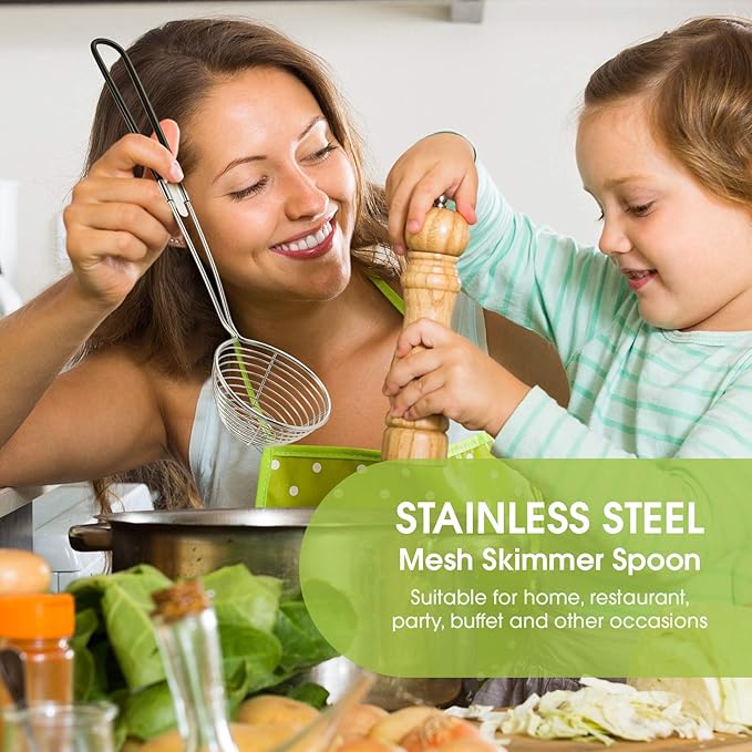 Geiserailie 6 Pieces Stainless Steel Hot Pot Strainer Scoops 2.5 Inch Mini Spider Strainer Skimmer Pasta Mesh Spoon Asian Skimmer Spoon Ladle with Handle for Home (Black)