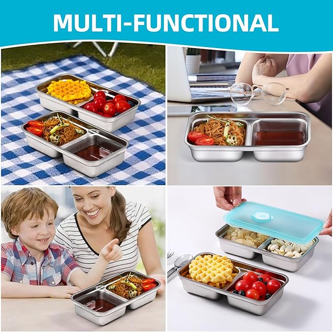 Stainless Steel Snack Containers with Lids, 2 Pack Reusable Grab and Go 2 Compartment Lunch Box for Travel & Outdoor Campin.