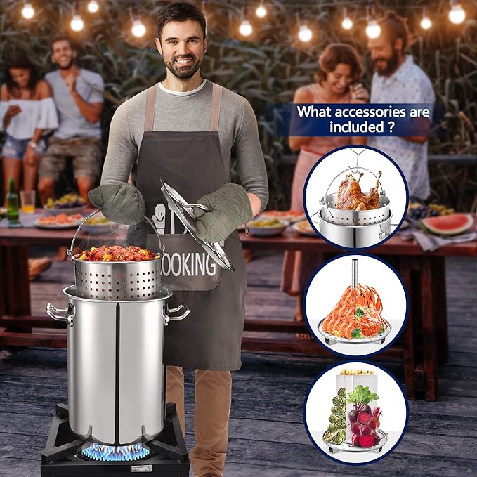 ARC Stainless Steel Stock pot with Propane Burner, Seafood Boil Pot with Basket and Steamer, Cookware for Crawfish Crab Shrimp Lobster Boiling Pot, Turkey Fryer Pot (SS Pot with Alloy Steel Burner)