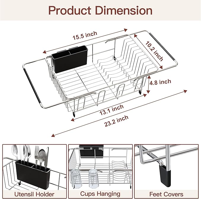 Over the Sink Expandable Dish Drainer Drying Rack In Stainless Steel for Small Kitchen, Counter Space Saving Modern Compact Metal Above Plate Dryer Strainer, Adjustable Hanging Inside Drain Holder