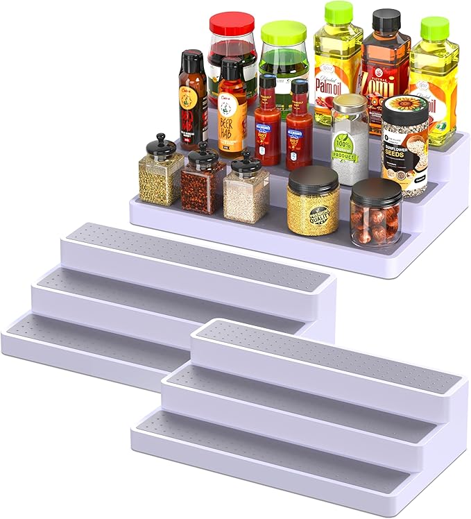 YAN & HIN 3pcs/set 3-Tier Spice Rack Organizer for Cabinet with Non-Skid Surface, Seasoning Racks, Cupboard Shelf Organizers, Kitchen Spices Storage & Pantry Organization, 14 x 7 x 2.95 inches