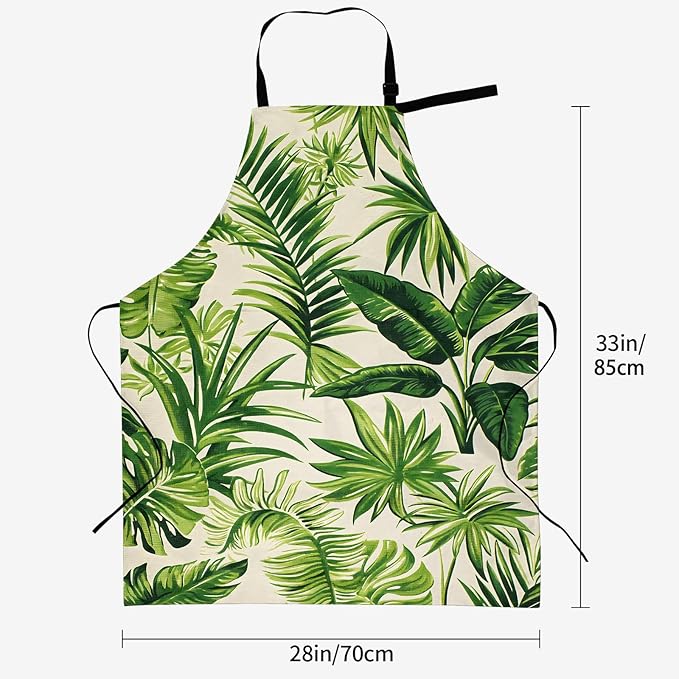 Green Apron for Women, 28x33in, Kitchen Chef Aprons with 2 Pockets, Polyester, Tropical Leaves Plant Apron for Cooking BBQ Baking Gardening Chef, Gifts for Mom Wife Dad