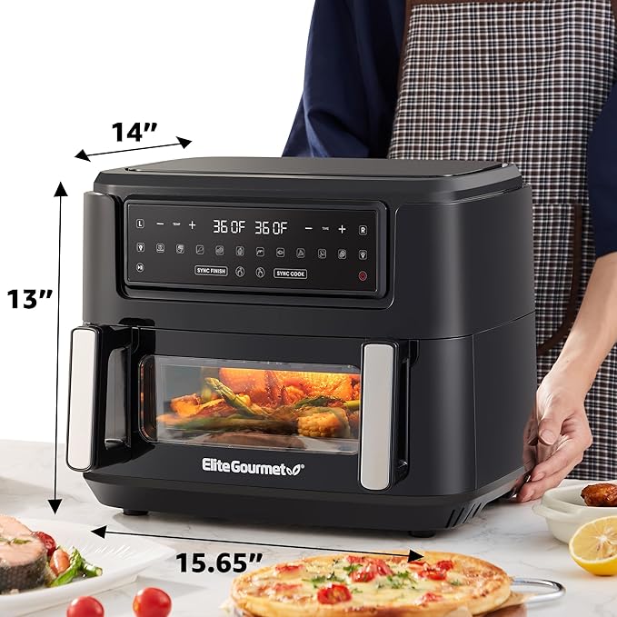 Elite Gourmet EAF1055D Dual Zone Air Fryer Oven, 11QT. Capacity with Divider, Sync Finish, Dishwasher Safe Basket, 10 Preset Functions, 1600-Watts, with Recipe Booklet, Black