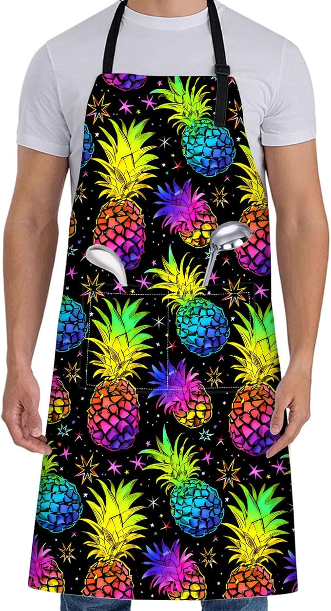 Neon Pineapple Apron for Women,28x33in, Colorful Fruit Kitchen Aprons with 2 Pockets,Oxford Fabric,Bright Adjustable Black Apron for Cooking Baking Gardening Chef,Gifts for Mom Wife