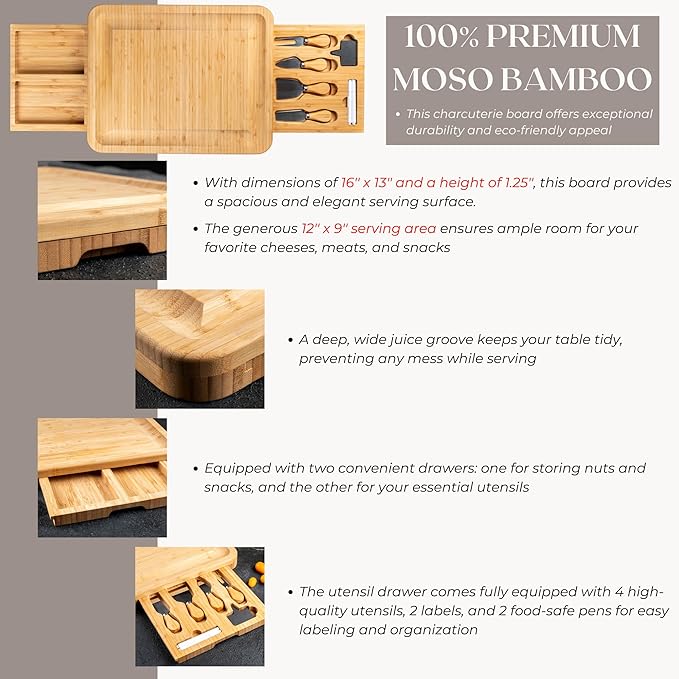Personalized Bamboo Charcuterie Board with Drawer & Utensils – Custom Cheese & Cutting Board Gift for Wedding, Housewarming, Christmas, Anniversary, Couples & Kitchen Use
