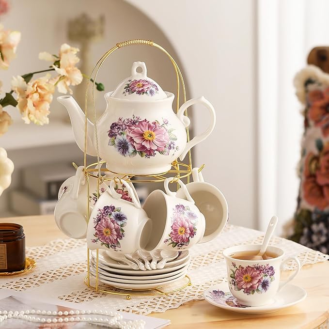 20-Pieces Tea Set For Adult with Golden Metal Rack,Porcelain Tea Sets For Women,Tea Gift Sets for Home&Party(K018)