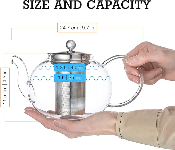 Glass Teapot Set with 4 Double Wall Teacups & Removable Stainless Steel Infuser - Microwave Dishwasher Safe Clear Blooming Loose Leaf Teas, Tea Maker Gift