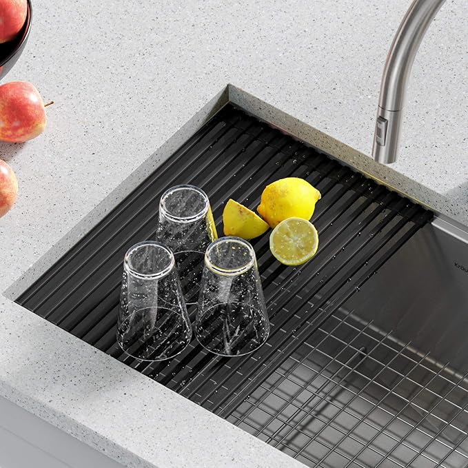 Kraus Multipurpose Workstation Sink Roll-Up Dish Drying Rack, Colander and Trivet in Light Grey, KRM-11LG