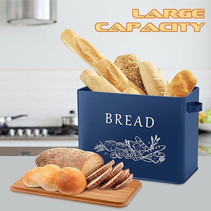 E-far Bread Box for Kitchen Countertop, Metal Bread Storage Container Bin with Bamboo Lid for Cutting Bread, Extra Large & Farmhouse Style, 13” x 7.2” x9.8”, Navy Blue