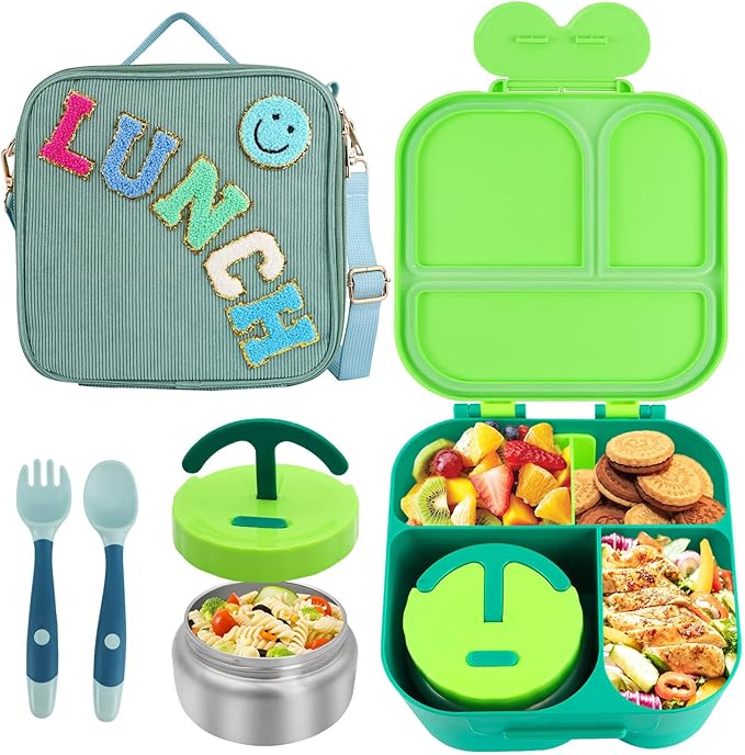 Lunch Box with Bento Box, with Leak Proof Thermo Food Jar, Preppy Corduroy Insulated Lunch Bag for Boys Girl Kids Teens School Travel Picnic