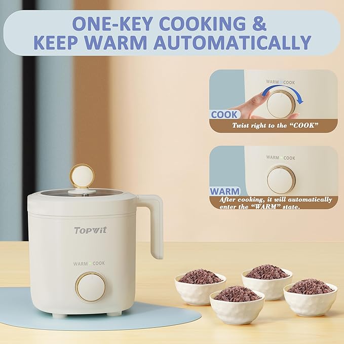 TOPWIT Rice Cooker Small, Mini Rice Cooker 2 Cups Uncooked, 1.2L Portable Rice Maker with Non-stick Coating, BPA Free, One Touch & Keep Warm Function, Beige