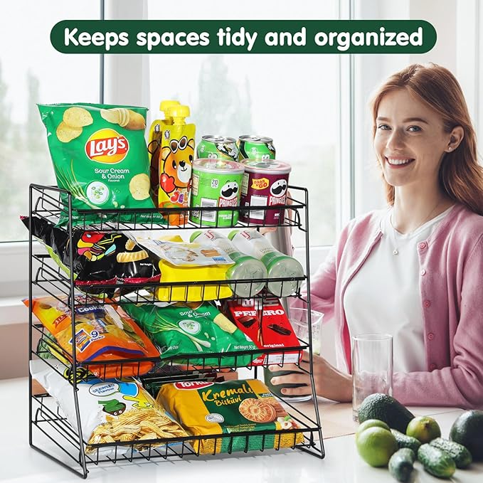 4-Tier Black Stackable Candy Display Rack, Snack Organizer For Countertop, Stores, Offices with 24 Signs and 60 Labels (Black-2 Pack)