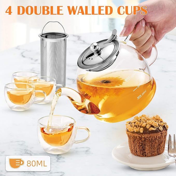 Tea Pot Set – 1200ml Glass Teapot with Removable Stainless Steel Infuser, and 4 Glass Teacups, Stovetop Safe Tea Kettle Gift Set, Blooming and Loose Leaf Tea Maker Set