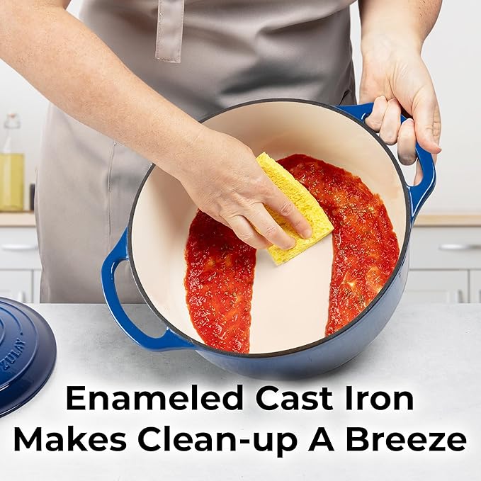 Zulay Kitchen 7.7 Quart Enameled Cast Iron Dutch Oven Pot with Lid – Premium Durability & Oven Safe up to 500°F – Heavy Duty Cookware Perfect for Bread Baking, Stews, Braising & Roasting – Blue