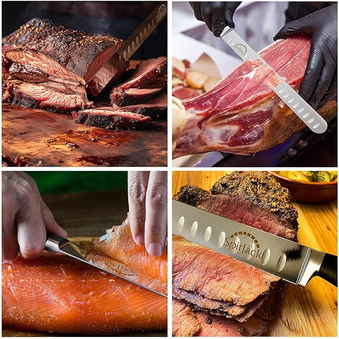 SPITJACK BBQ Butcher's Knife Set for Men. Brisket Trimming and Meat Slicing Knives, 8 Inch Chef's Blade, 3.5 Inch Paring Knife and 10 Inch Sharpening Hone. Sturdy Storage and Transport Case.