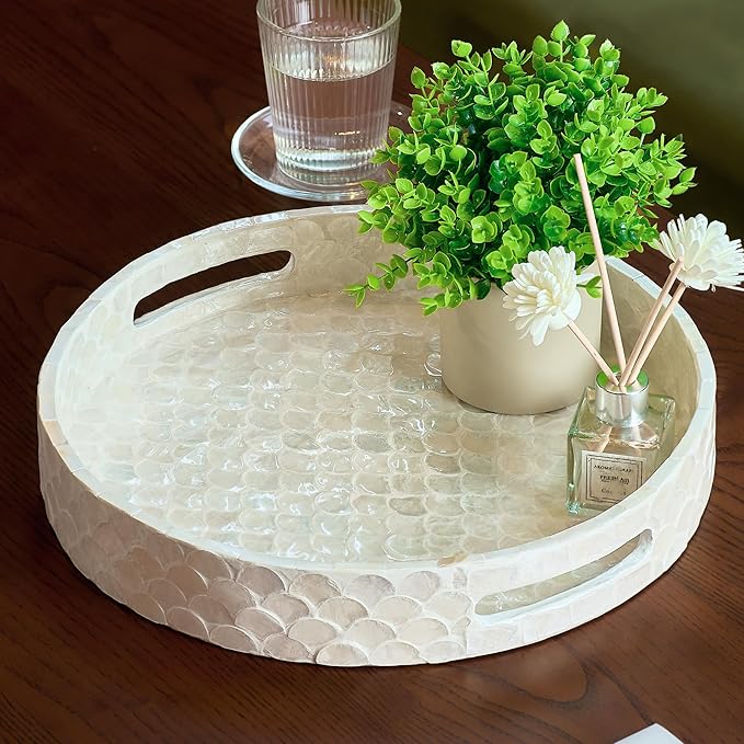 12.6 Inch Capiz Round Decorative Tray, Mother of Pearl Serving Tray with Handles for Coffee Table, Kitchen Counter, Bathroom Vanity or Dining Table Centerpiece Tray, Modern Farmhouse Decor