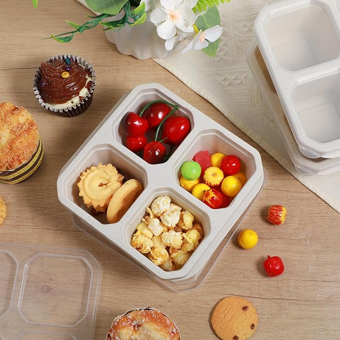 12 Pcs Reusable Bento Lunch Boxes 4 Compartment Snack Containers with Lids Wheat Straw Meal Prep Food Storage for Adults, Travel, Work (Beige)