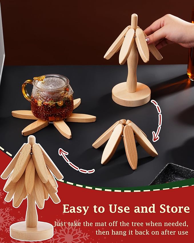 Wooden Trivets Tree for Hot Dishes, Set of 3 Natural Wood Coaster for Hot Pots and Pans, Christmas Kitchen Decor for Family Members, 8" Tree Shape Wooden Hot Pads with Stand, 3PCS Light Wood