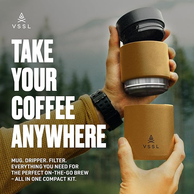 VSSL - Nest Pour Over Coffee Set | Coffee Maker for Camping | All-In-One Travel Pour Over | Transportable Dripper, 10oz Stainless Steel Travel Mug | Compact Storage & Adventure Ready | Sahara