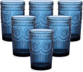 Vintage Glassware Drinking Glasses Set of 6,13 oz Blue Textured Flower Design Glass Water Tumblers，Embossed Striped Drinkware for Water,Cocktails,Juice,Iced Coffee