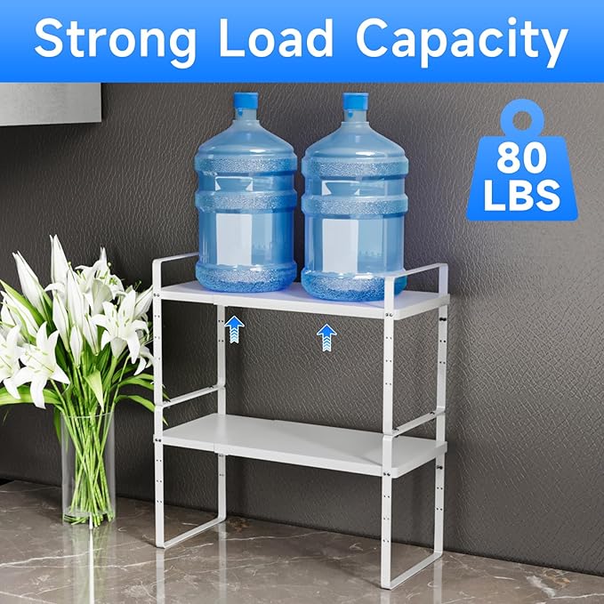 Expandable Cabinet Shelf Organizer, Stackable Kitchen Pantry Counter Storage, Adjustable Closet Cupboard Stand Rack Risers Spice Organization 80LBS Heavy Duty White 2 Pack