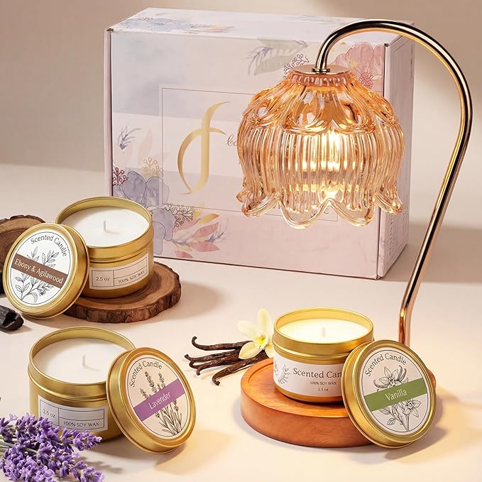 Candle Warmer Lamp with 3 Candles & Gift Box, Gifts for Women Christmas Birthday, Mom Sister Gift, 3 Favor, Lavender, Vanilla, Ebony, 2 Bulbs Inc.