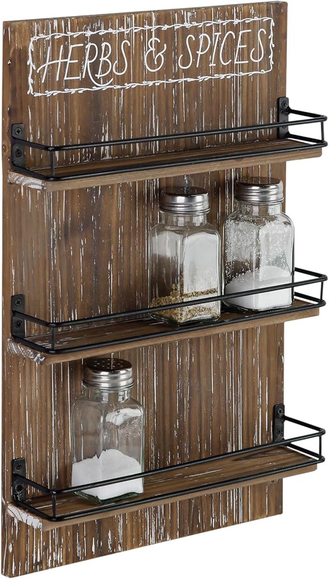 Farmhouse Wall Mount Spice Rack, Brown Wooden 3-Tier Shelf Organizer, Kitchen Pantry Wall-mounted Space Saving Storage Holder for 18 Jars