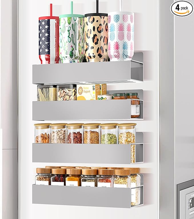 Magnetic Spice Rack for Refrigerator Seasoning Organizer for Spice Fridge Shelf storage Magnetic Shelf with Hook for Oven (4pack-Grey)