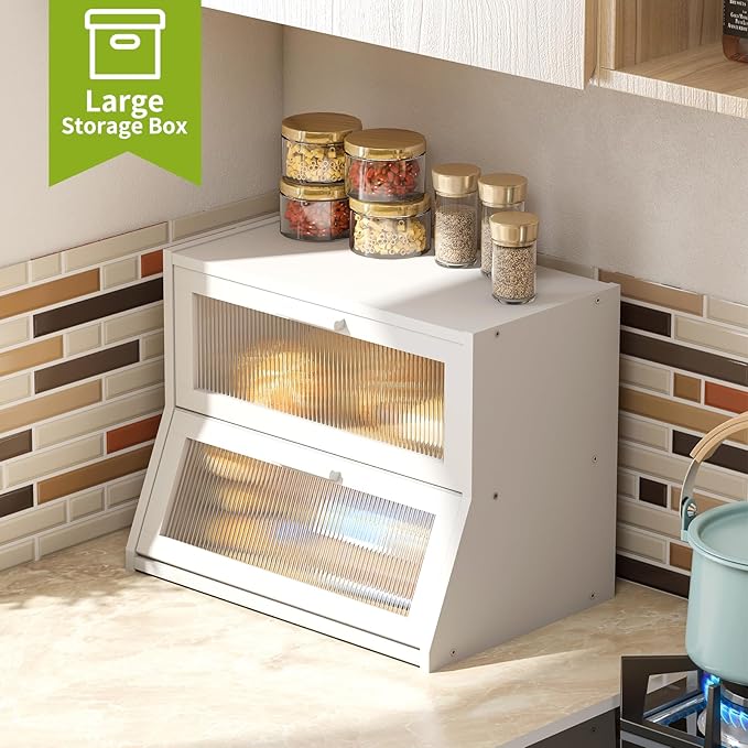 BMOSU Large Bread Box Double Layer Bamboo Bread Box for Kitchen Counter Container Farmhouse Bread Holder Capacity Bread Storage Bin(White)