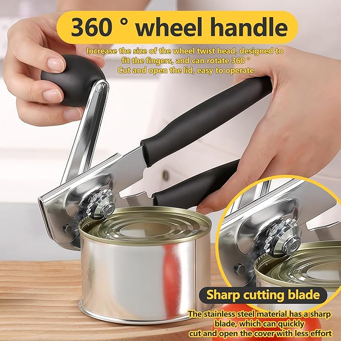 Commercial Can Opener, Hand Crank Can Opener Manual Heavy Duty, Ergonomic Design, with Comfortable Long Handles, Oversized Knob, Large Handheld Can Open Easy for Big Cans, for Seniors, Black