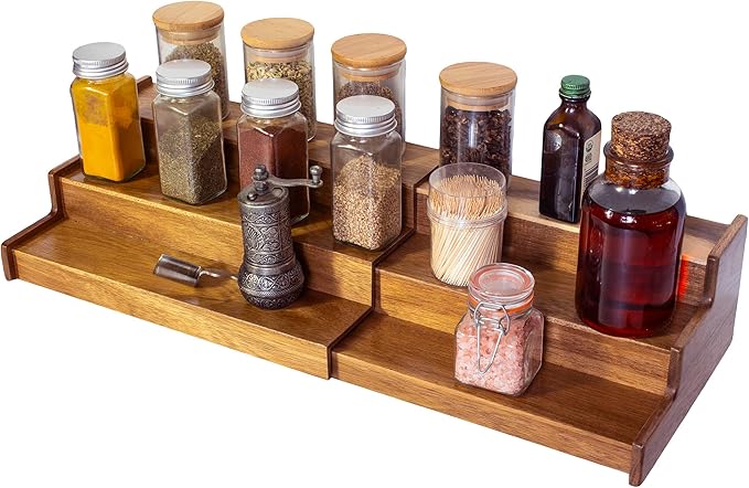 TB Home Acacia Wood 3 Tiered Spice Rack, 3 Tier Spice Organizer for Cabinet or Kitchen
