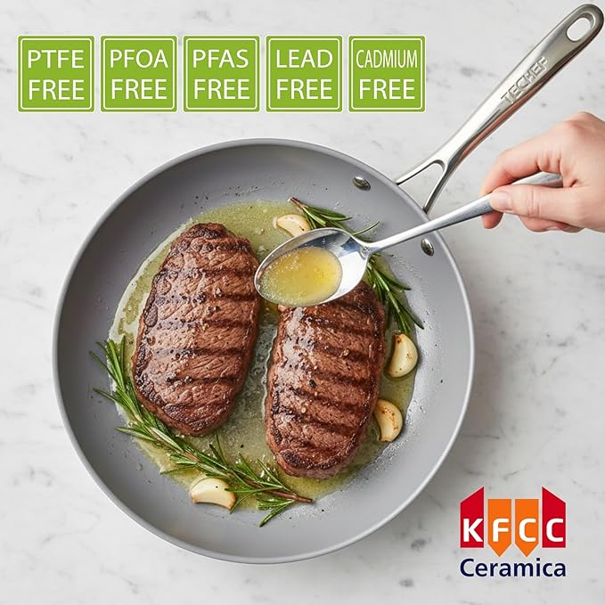 TECHEF - CeraTerra 12" Ceramic Nonstick Frying Pan Skillet with Glass Lid, (PTFE, PFAS, and PFOA Free), Dishwasher Oven Safe, Stainless Steel Handle, Induction-Ready, Made in Korea (12-in with Lid)