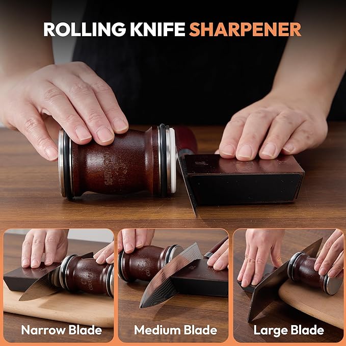 Rolling Knife Sharpener - Multi Angle Knife Sharpeners Tool Kit for Kitchen & Chef Knives, Diamond & Ceramic Honing Discs with 12°, 15°, 20°, 25° Magnetic Base - Manual Safe Roller Sharpening