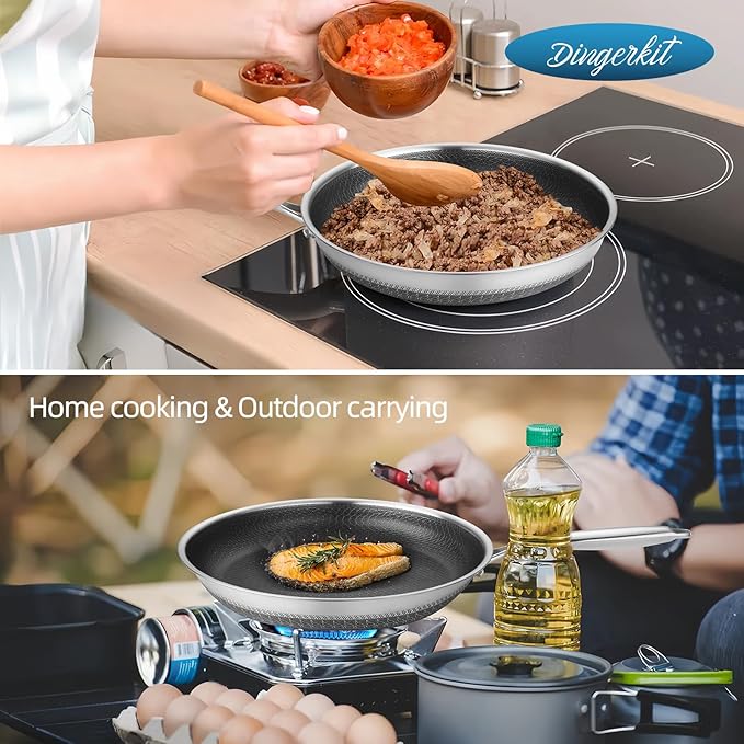 Non Stick Frying Pans, 12 inch Nonstick Skillet with Lid made of Stainless Steel with Honeycomb for Cookware Breakfast Egg- Induction Ceramic Gas Cooktop and Oven Safe Frying pan.