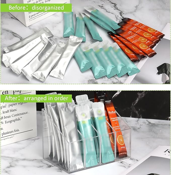 Water drink Packet Holder Water Flavor Packet Storage Container Water Flavor Packet Organizer Storage Basket Acrylic with Removable Dividers for Storage Bins for Refrigerator Organizer Bins Cabinets