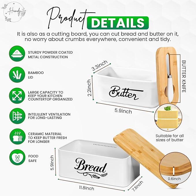 Bread Box for Kitchen Countertop, Bamboo Bread Bin with Cutting Board Lid, Ceramic Butter Dish with Lid & Knife, Bread Holder for Homemade Bread, Bread Storage, White Bread Box