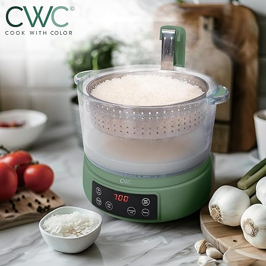 COOK WITH COLOR 3L Glass Mini Low Carb Rice Cooker – Holds 2 Cups Raw/Makes 6 Cups Cooked with Auto Lift Filter Basket, Hotpot & Steamer for Rice, Grains, Digital Panel with Keep Warm, Dark Sage