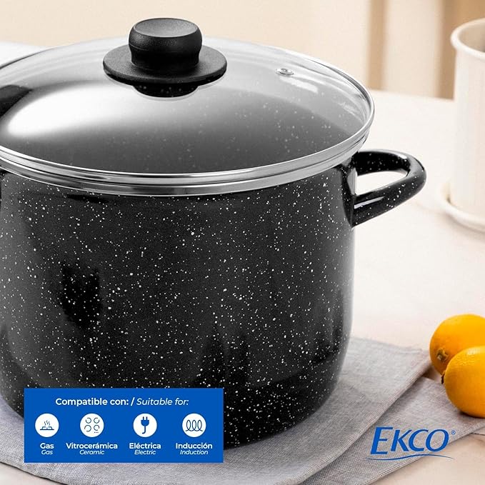 EKCO EOS 12-Quarts Alloy Steel Speckled Stockpot with Glass Lid - Dishwasher and Oven Safe Cooking Pot up to 350°F - Induction Cookware for All Cooktops - Non-Reactive Enameled Soup Pot - Black
