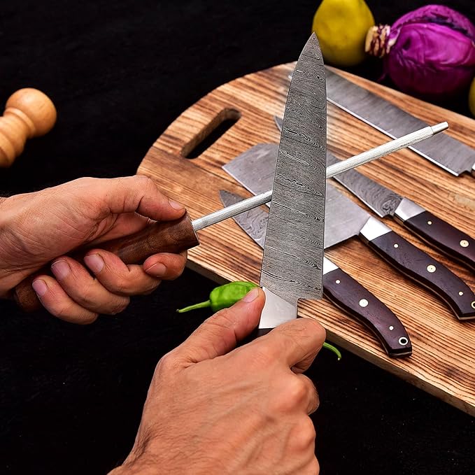 HM-(Brown) Custom Made Damascus Steel #6 Pcs of Professional Utility Kitchen knives Set Comes with Sweet Leather Roll Kit (3712)