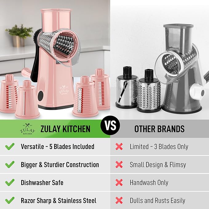 Zulay Kitchen Rotary Cheese Grater 5 Blade Cheese Shredder - Manual Hand Crank Cheese Grater With Reinforced Suction & 5 Interchangeable Drums - Easy to Use, Vegetable Chopper Round Mandoline Slicer