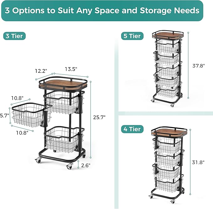 3 Tier Kitchen Fruit Vegetable Storage Cart with One-Piece Rotating Basket, Pantry Organizer Shelf Rack Floor Stand for Veggie Onion Potato Produce Spice, Rolling Snack Cart on Wheels, Black