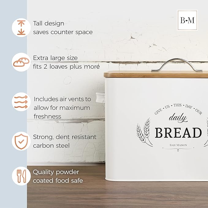 Baie Maison Extra Large White Farmhouse Bread Box for Kitchen Countertop - Breadbox Holder Fits 2+ Loaves - Bread Storage Container Bin - Rustic Bread Keeper Vintage Metal Kitchen Decor for Counter