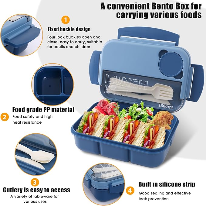 Bento box adult work lunch box, adult container, with 4 compartments, lunch container with cutlery (knife, fork, spoon, sauce box), animal fruit fork, microwave and dishwasher safe, Sky blue