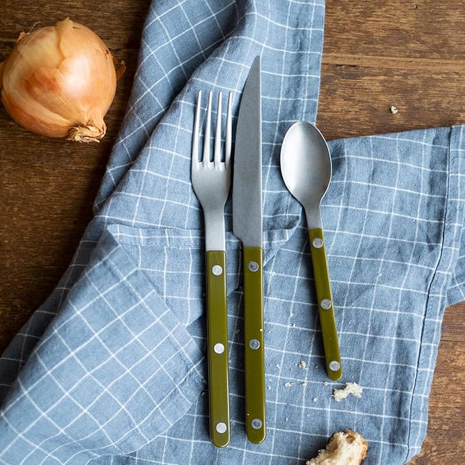 SABRE PARIS - 5-Piece Flatware Set - Bistrot Vintage Collection - Knives, Forks, Soup Spoons, Teaspoons & Dessert Forks - Stainless Steel & Acrylic - Dishwasher Safe - Fern Green - Mat Finish