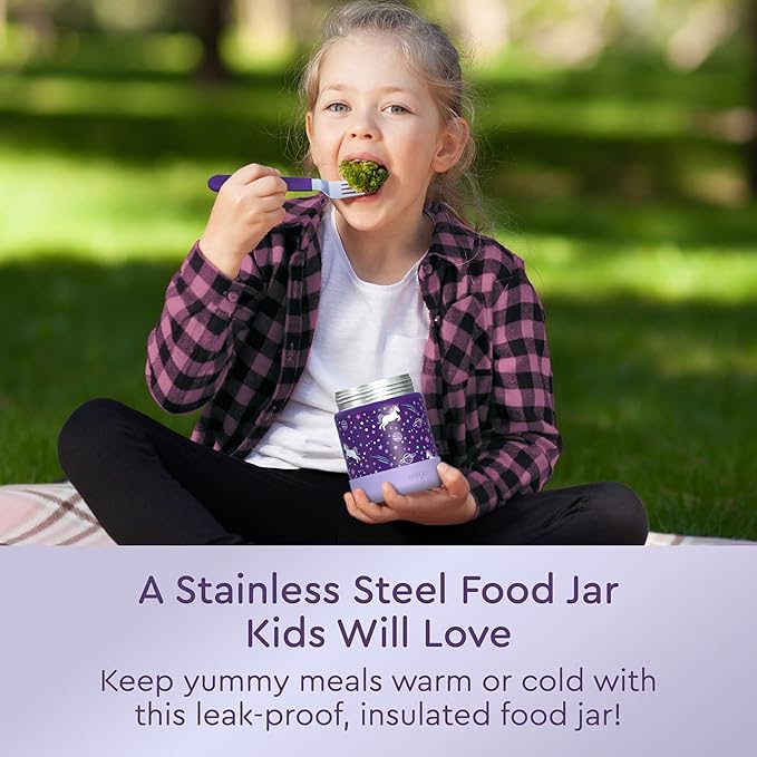 Bentgo Kids Stainless Steel Food Jar - 11oz Leak-Proof Double Insulated Hot or Cold Food Container with Removable Silicone Bumper, Dishwasher Safe, Easy Open Lid, Ages 3+ (Unicorn)